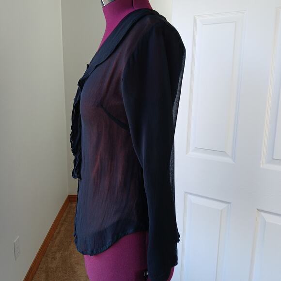 Vintage 1990s Phool Ruffle Collar Blouse M sheer black button up orange lining - Picture 2 of 15
